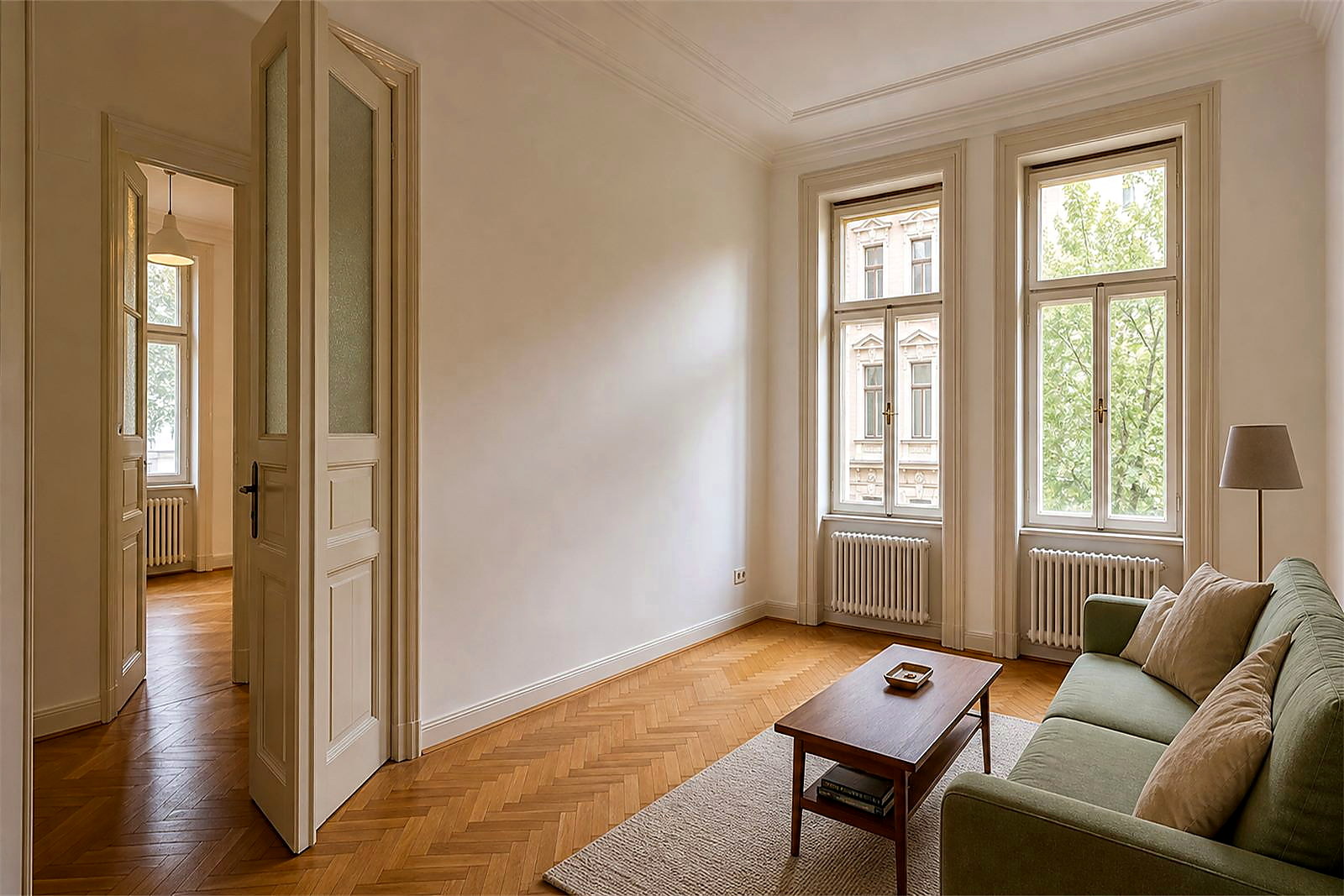 Frisch vorbereitetes Wohnungsinterieur in Sopron mit sauberen Wänden und Parkettboden